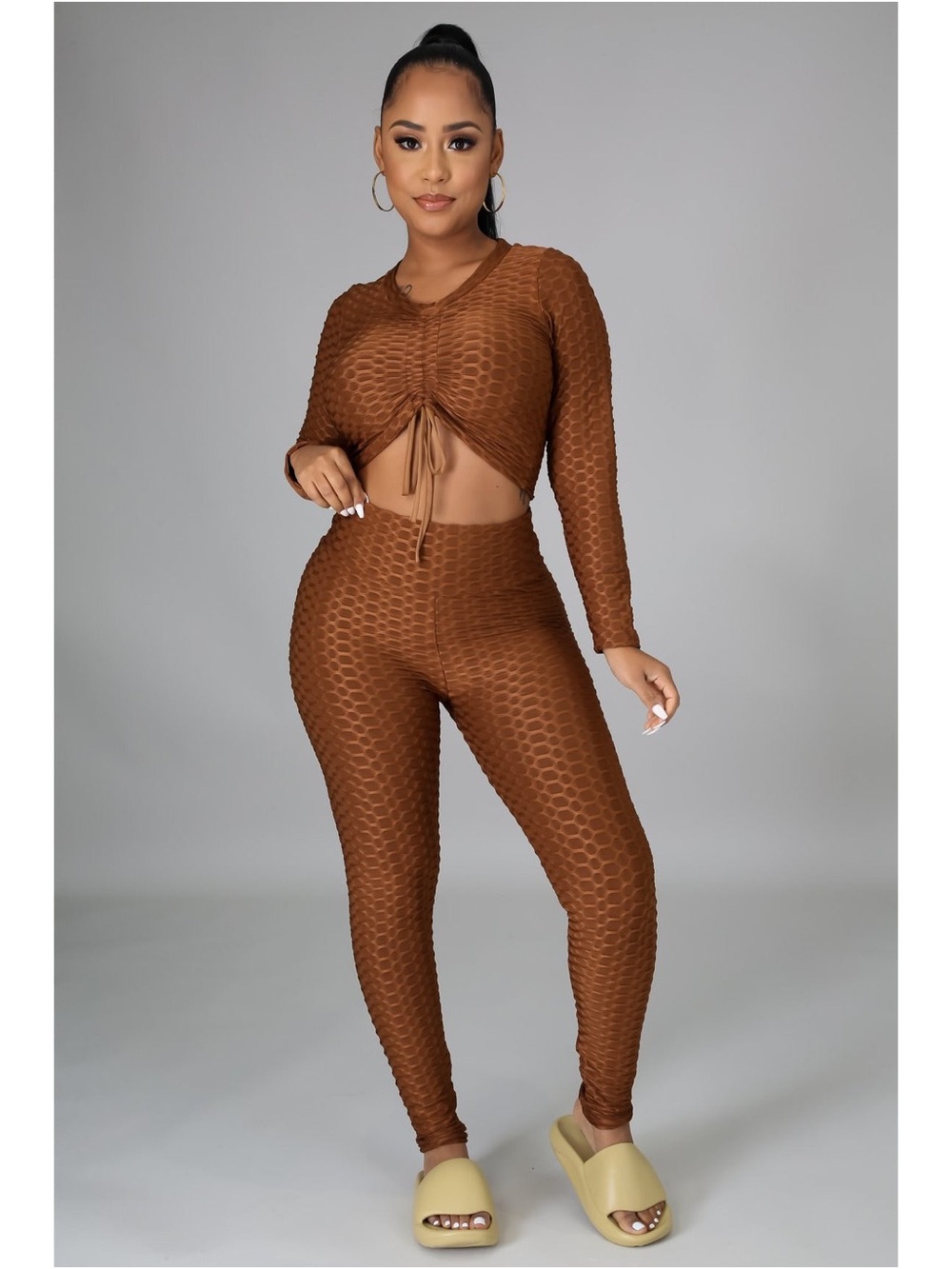 Ruched Crop Top & High-Waist Leggings Set - Brown
